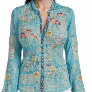 Johnny Was heavily embroidered “Albee” blouse in marine blue NWT